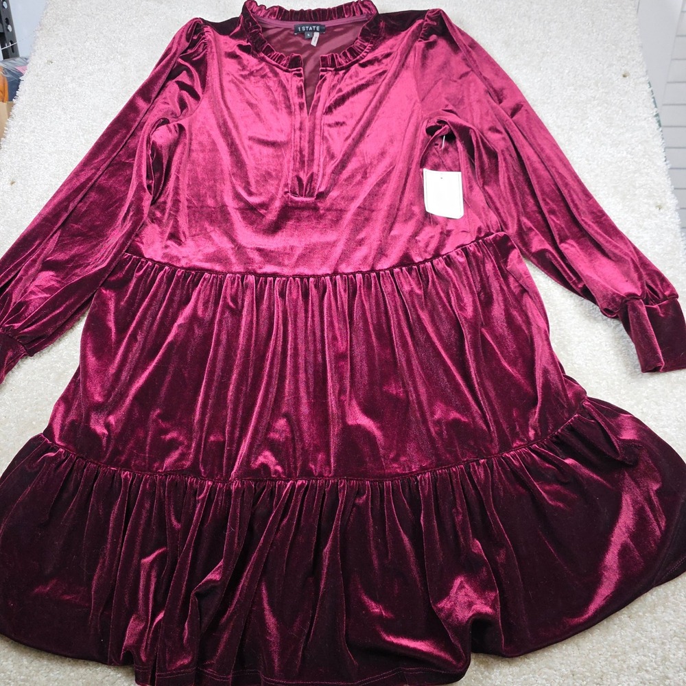 1.STATE Women's L Burgundy Velvet Tiered‎ Mini Dress Long Sleeve NWT Holiday